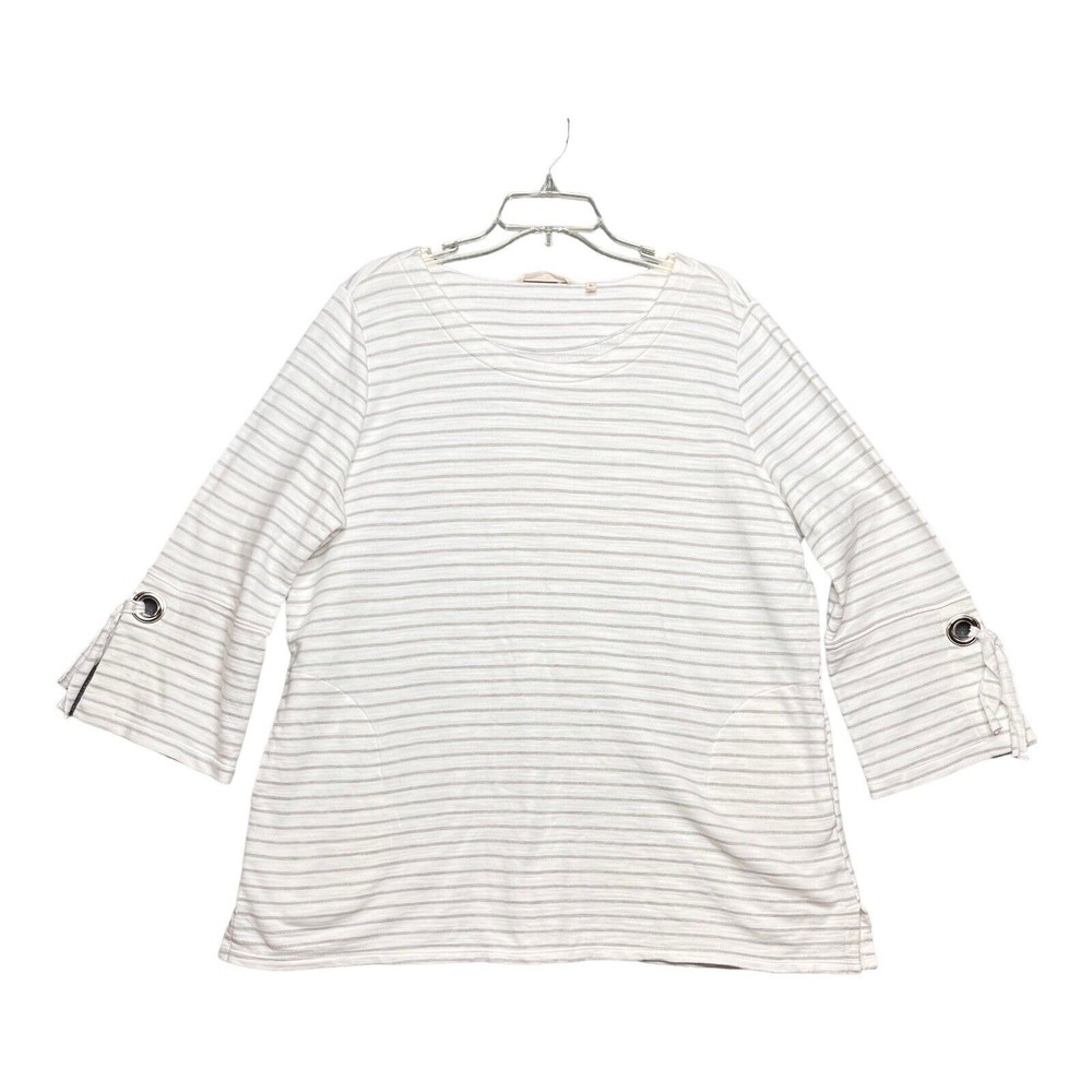 Soft Surroundings Go Anywhere White Gray Striped 3/4 Sleeve Tunic Top Size XL